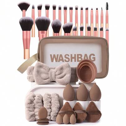 Bộ dụng cụ trang điểm 42 món bao gồm: Bộ 25 cọ trang điểm + 1 túi đựng mỹ phẩm và đồ dùng cá nhân đa năng có khóa kéo chống thấm nước + 1 băng đô cài tóc + 2 dây đeo chậu rửa tay + 1 dụng cụ vệ sinh cọ trang điểm + 3 bông mút trang điểm + 3 bông phấn tam giác + 3 bông mút trang điểm mini + 3 bông phấn phủ mini, tất cả trong một và thân thiện với người mới bắt đầu | Sẵn sàng mang theo du lịch và làm quà tặng | Hoàn hảo cho người mới bắt đầu/phụ nữ.