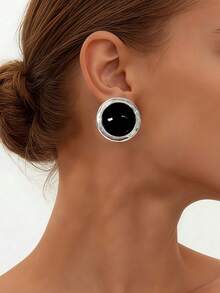 1 Pair Luxury Retro Style Gold-Plated Edged Black Round Earrings For Women, Suitable For Commute, Party, Evening Wear, Exuding Elegant Aura - Silver - View 5