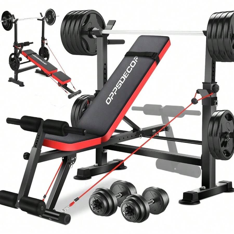 Standard Weight Bench Set With Foot Catch, Adjustable Bench Press Set With Squat Rack, Foldable Flat Incline Decline Workout Bench For Home Gym Full Body Training, 660LB Capacity (US Stock) - Đỏ - Xem 1