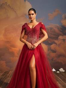 Đầm dạ hội dài VIPGIRL đính sequin, chất liệu lưới, màu đỏ xẻ cao, thích hợp cho nữ. - Đỏ - Xem 9
