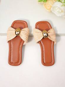 1 Pair Girls' Woven Slide Sandals, Breathable Non-Slip Casual Children Shoes - Brown - View 5