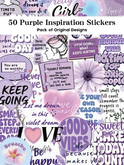 YWWBLD 50 st. lila inspirationsklistermärken för bagage, bärbara datorer, klippböcker, rums- och skrivbordsdekoration DIY transparenta klistermärken