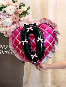 12pcs 27-Inch Pink Plaid Heart-Shaped Balloons With Numbers, 16-Inch 0-9 Black Number Balloons, Pink Bow Satin Ribbon, Suitable For Birthday Party, Valentine's Day, Wedding, Graduation, Coming Of Age, Photo Props - Multicolor - View 4