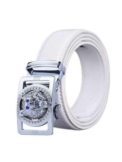 1pc Silver Wolf Head Rhinestone Decor White Men Automatic Buckle Leather Belt, Fashion Business Casual Formal Dress Belt, Gift For Husband And Father
