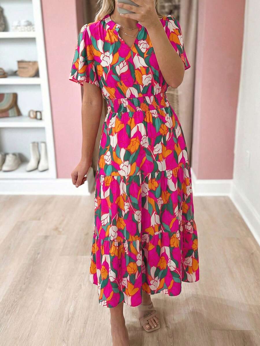 Acelitt Bohemian Style Rose Print Short Sleeve Low Waist Maxi Dress Vacation Elegant Summer - Multicolor - View 1