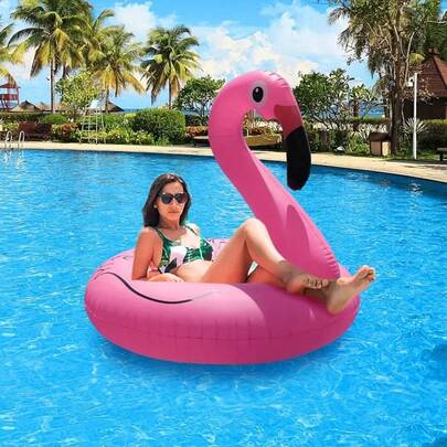 1pc Pink Fashionable Cute Flamingo Shaped Swim Ring, Suitable For Summer Pool Use