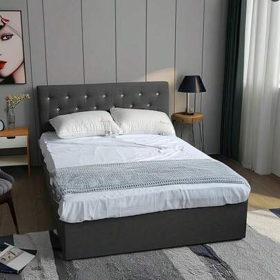 Panana Upholstered Ottoman King (5ft) Grey Linen Fabric Storage Bed, Gas Lift Up Bed Frame With Storage, End Opening Wooden Slats (Grey With Crystal Headboard, King Size)