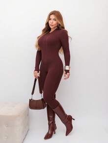 Virginia Ribbed Jumpsuit Tricot Modal With Zipper On The Front Great Quality Women's Jumpsuit Long Sleeve Fashion Style - 咖啡棕 - 查看 1