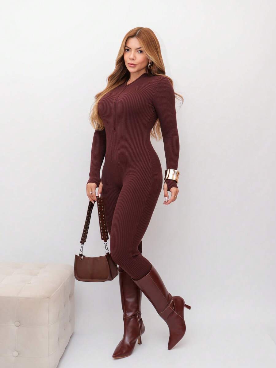 Virginia Ribbed Jumpsuit Tricot Modal With Zipper On The Front Great Quality Women's Jumpsuit Long Sleeve Fashion Style - 咖啡棕 - 查看 1
