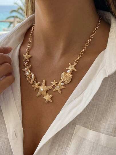 1 chiếc vòng cổ ngọc trai hình sao biển và vỏ sò kiểu dáng nghỉ hè, vòng cổ choker ngọc trai thời trang phù hợp cho nữ giới đi dạo phố, dự tiệc, đi biển.