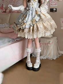 OU LIAN NIAO 1/2 đôi tất Lolita phong cách Gothic nơ, cao đến bắp chân, dễ thương thu hút, phù hợp cho mùa tựu trường - Nhiều màu - View 3
