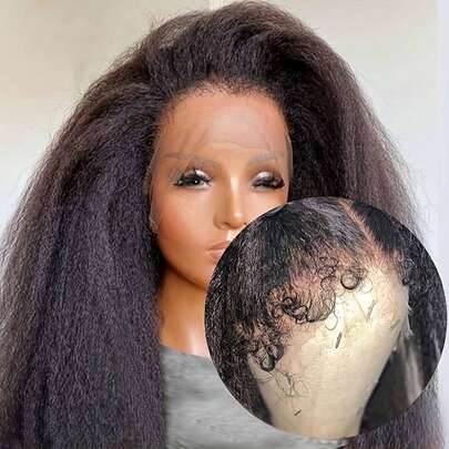 180% Density 8-36inch Kinky Straight 13X4 Lace Front Wigs Human Blended Hair Pre Plucked With Baby Hair Kinky Straight 13x4 Transparent Lace Wig Human Blended Hair Wigs For Women(Blended Wigs-A Mix Of Human Blended Hair And Synthetic)Wigs Human Blended Hair/Women's Human Blended Hair Wig/Human Blended Hair Lace Front Wigs/Wigs Glueless/Bleached Knots/Pre Plucked/Lace Wig/Upgrade Your Look/Confidence Boost/Perfect Gift