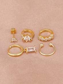 Bộ 5 khuyên tai hình tam giác mạ vàng 18K dành cho nữ và bé gái, chất liệu thép không gỉ, đính đá Zirconia sang trọng, kiểu dáng khuyên tai vòng, trang sức nổi bật. - 1-Vàng-5 CÁI - Xem 5