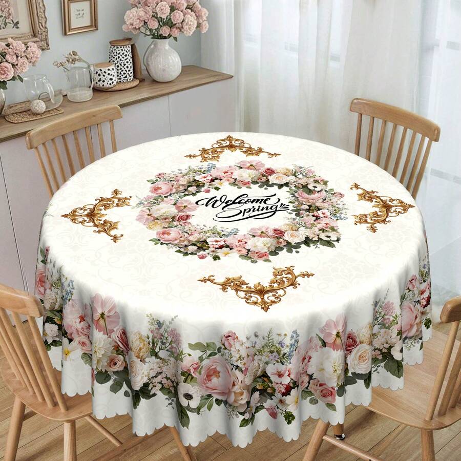 1pc Spring/Summer Pink Rose Floral Tablecloth, Spring Printed Tablecloth, Floral Theme Design, Pastoral Style, Polyester Round/Rectangular Tablecloth, Spring Decor, Indoor/Outdoor Dining Table Decor, Ideal For Mother's Day, Wedding And Holiday Home Decoration - Multicolor - View 1