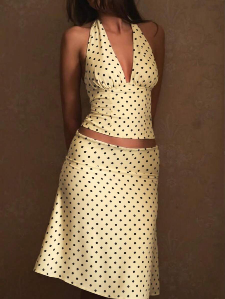 Women's Polka Dot Contrast Color Elegant Party Casual Holiday Y2K Backless Halter Tie Ruffle Hem 2-Piece Set, Charming & Fashionable Spring/Summer, Lightweight & Comfortable Polyester Fabric