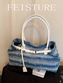 1 pieza Bolso con flecos decorativos, bolso de hombro de gran capacidad casual para uso diario y viajes - Azul - Ver 8