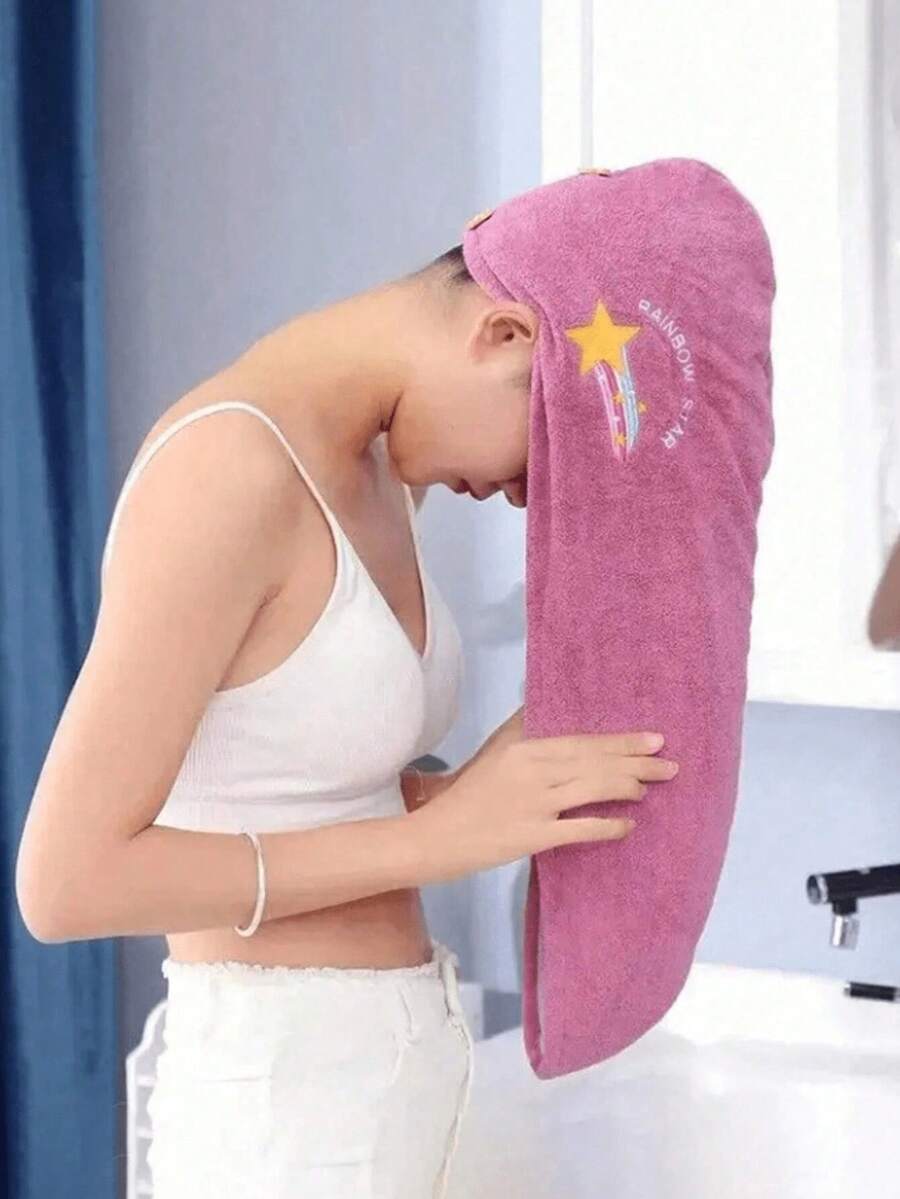 1pc Cute Embroidered Super Absorbent Microfiber Hair Towel, Quick-Drying Hair Cap With Buckle To Prevent Frizz, Suitable For Curly/Long Hair Shower, Perfect Gift For Travel, Halloween, Christmas And More. Also Ideal For Salons, Hotels, Sports, Home And Skincare