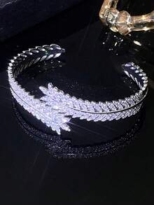 Leaf Criss-Cross Zirconia Wheat Adjustable Bracelet Set, Fashionable And Elegant For Daily Wear, Suitable For Parties And Banquets - Silver - View 2