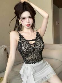 2026 Sommer Neue Sexy Spitzen Trägerhemd, Rückenfreie Crop Top Lingerie Lässig Schwarz - Schwarz - Übersicht 4
