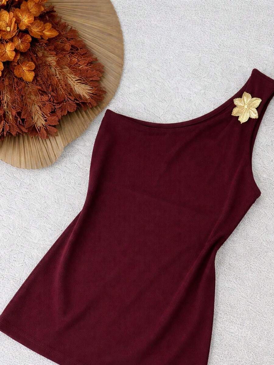 Women's Ribbed One-Shoulder Blouse With Detail - Redwood - View 1