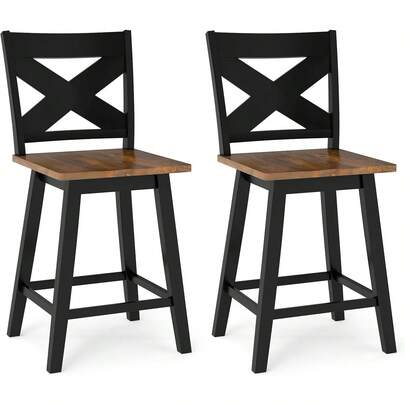 24" Swivel Barstools Set Of 2, Rubberwood Counter Height Chairs With Backrest & Large Seat, 360 °   Rotating High Top Seats With Footrest For Kitchen Island, Pub (Set Of 2: 24'',Black + Walnut)