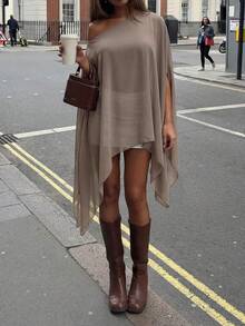 Women's Sleeveless Asymmetric Neckline Batwing Chiffon Blouse, Long Asymmetric Hem, Semi-Sheer Design - Khaki - View 3