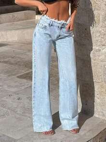 Women's Casual Loose Frayed Waist Wide Leg Jeans, Fashionable And Slimming, Suitable For Spring And Autumn - Light Blue - View 4