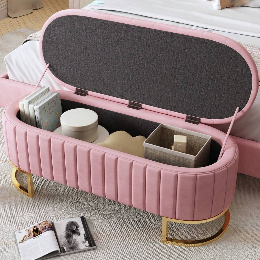 Elegant Button-Tufted Velvet Storage Ottoman Bench With Metal Legs, Upholstered Storage Bench For Bedroom & Living Room, Beige/Pink – Fully Assembled Except Legs - 粉色 - 查看 1