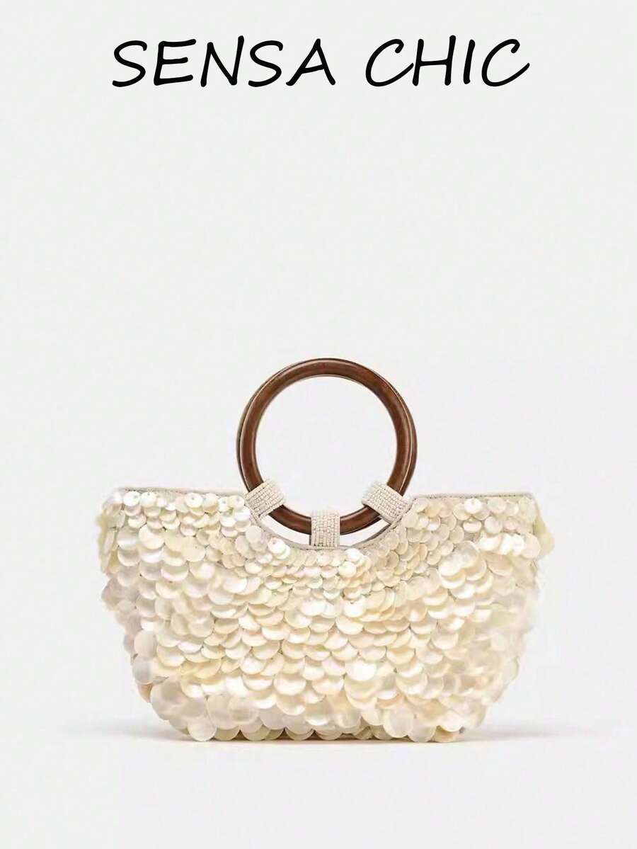 This Stylish Woven Handbag Features Shimmering Sequins And A Wooden Ring Handle, Perfect For Evening Events, Vacations, Travel, Shopping, Or Banquets. - Multicolor - View 1