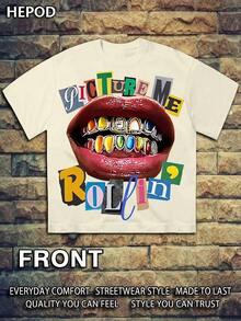 PICTURE ME ROLEIN, Street Wear, Y2K, (Cotton Streetwear T-Shirt) Men's Graphic Tees, Round Neck, Loose Fit, Fall & Holiday Travel, Unisex, Goth & Y2K - 杏色 - 查看 1