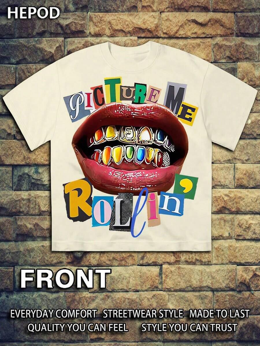 PICTURE ME ROLEIN, Street Wear, Y2K, (Cotton Streetwear T-Shirt) Men's Graphic Tees, Round Neck, Loose Fit, Fall & Holiday Travel, Unisex, Goth & Y2K - 杏色 - 查看 1