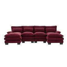 Modern 107.87" U-Shaped Chenille Cloud Sofa With Two Recliners-A Soft And Comfortable 4-Seater Modular Sofa Bed Featuring Double Side Storage Pockets And Cushions Pillows. Filled With High-Density Sponge And Designed For Ergonomic Comfort, Features Sturdy And Durable Wooden Frame. Suitable For Living Rooms, Bedrooms, Offices, And Apartments.(Wine Red) - Burgundy - View 8