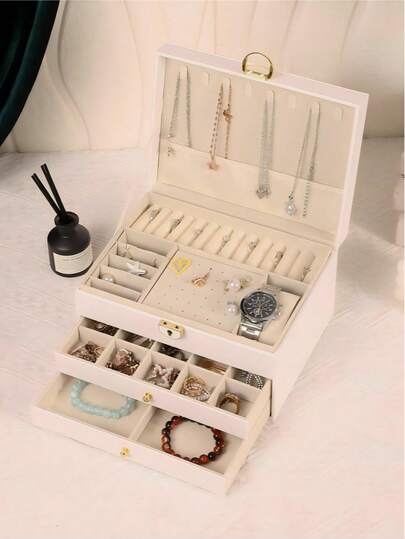 Joyero para mujer, caja de almacenamiento de joyas con tapa de vidrio y 3 cajones, puede almacenar collares, anillos, aretes, pulseras, regalo de Navidad, organizador de mujer, esencial de viaje, ayudante de almacenamiento para dormitorio