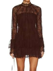 Women See Through Long Sleeve Lace Mini Dress Ruffle Layered Sheer Lace Short Dresses Sexy Going Out Cover Up Dresses(No Lining) - 棕色 - 查看 4