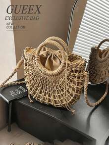 1pc Half-Moon Hollow Out Handbag, Fashionable Beach Vacation Straw Woven Bag,Vacation Bag For Summer, Perfect For Beach Vacation, Travel, Shopping, And Vacation Essentials, Eye-Catching Beach Bag Summer, Summer Straw Beach Bag For Women, Hottest Beach Bags For Women, Fashion Summer Vacation Bag, Beach Essentials Women Bags For Vacation & Holiday, Newest Holiday Bag ,Vacation Essentials , Beach Bag, Vacation, Woven Bag, Straw Bag - Màu Khaki - Xem 6