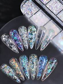 12格全息美甲亮片金蔥 不對稱幻彩極光漸層超薄薄片碎片 DIY 閃亮美甲裝飾指甲配件美甲用品 適合女性與女孩 璀璨美甲設計 - 彩色 - 查看 7