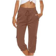 Cotton Linen Capri Pants For Women Drawstring Baggy Summer Cropped Pants Comfy High Waist Loose Resort Outfits - Nâu nhạt - Xem 1