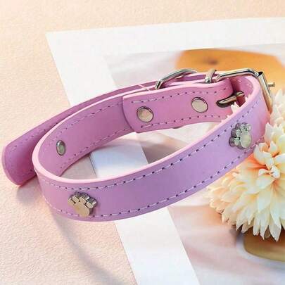 1pc Pink Paw Print Pet Collar, Soft Adjustable PU Leather Dog Cat Collar With Metal Buckle, Cute Puppy Kitten Daily Use Necklace Accessory
