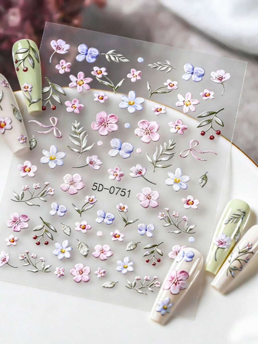 1张5D立体花朵美甲贴纸，适用于指甲、女孩和女性 - 彩色 - 查看 1