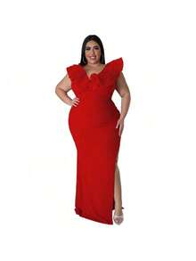 Women's Solid Color Fitted Party Dress - Red - View 5