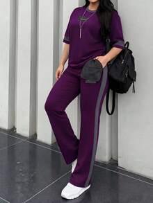 2pcs Women's Spring/Autumn Round Neck Short Sleeve T-Shirt And Elastic Waist Loose Pants Set, Casual Daily Wear Summer - Dark Purple 64 - View 5