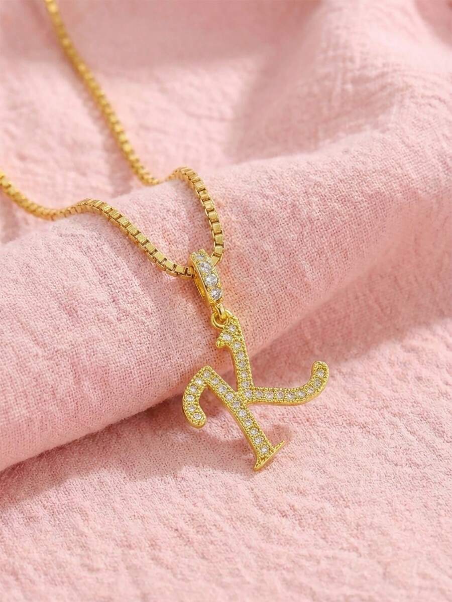 1pc Initial Necklace New Style Fashionable And Unique Artistic Font Letter Pendant Necklace With Stainless Steel Box Chain Alphabet A-Z Necklace For Anniversary Engagement Valentine's Day Mother's Day Birthday Graduation Back To School Jewelry Accessory Gift For Daily Life - Gold - View 1