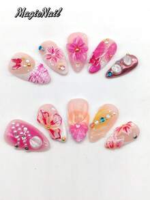 10pcs Handmade Almond-Shaped Nails, 25mm Length, Pink & Purple Color, 3D Floral Embossed, 3D Butterfly Decor, White Pearl Rhinestone Decor, 3D Lines, Cute Spring Nail Art - Multicolor - View 2