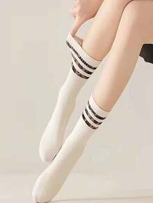 4双装女士条纹时尚中筒袜，休闲百搭 - 彩色 - 查看 2