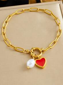 1件 时尚简约红色滴油心形仿珍珠吊坠 圆形弹簧扣不锈钢链 镀金手链 - 紅色 - 查看 1