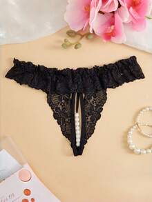A Pair Of Pearl-Embellished, Open-Crotch Sexy Thongs With A Kawaii Bow And Lace Detailing, Perfect For Valentine's Day. - Black - View 3