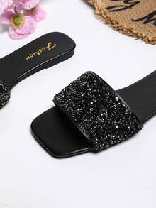 2026 New Flat Slide Sandals/Solid Color, Flat Design, Shiny Vamp, Exquisite Rhinestone Decor, Slip-On Style, Easy To Clean, Elegant & Refined, Fashion Versatile, Suitable For Daily Wear, Shopping, Dating, Vacation, Travel - Black - View 10