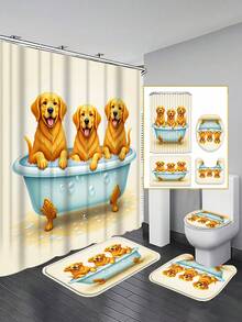 1/3/4 件套浴缸金毛犬图案浴帘套装；卡通趣味设计，防水耐用，适合浴室装饰及配件。尺寸：71 英寸 x 71 英寸，包含 12 个挂钩、马桶盖、浴垫和地毯。 - 浴缸金毛 - 查看 2
