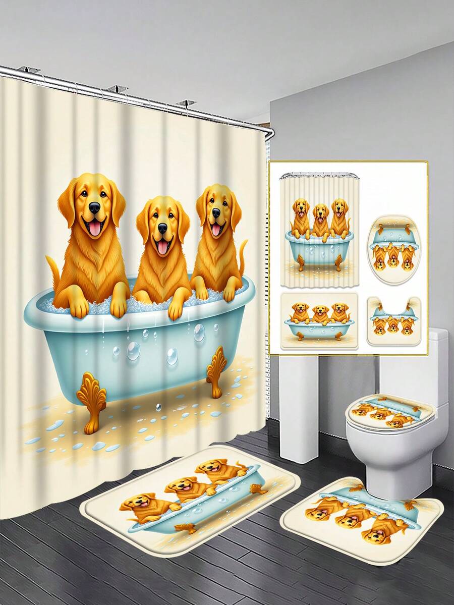 1/3/4 件套浴缸金毛犬图案浴帘套装；卡通趣味设计，防水耐用，适合浴室装饰及配件。尺寸：71 英寸 x 71 英寸，包含 12 个挂钩、马桶盖、浴垫和地毯。