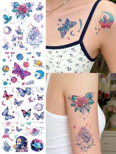 STARTTOOS 闪光渐变临时纹身贴纸 - 极简紫色梦幻蝴蝶花卉星星月亮图案，Y2K风格，适合音乐节、动漫展、嘉年华、情人节、派对礼物，防水逼真纹身贴纸，可贴于手腕、脚踝、肩膀、脖子、锁骨